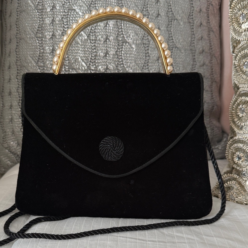 Vintage Black Velvet Clutch Pearl Handle Evening Bag Top Handle 50s 60s